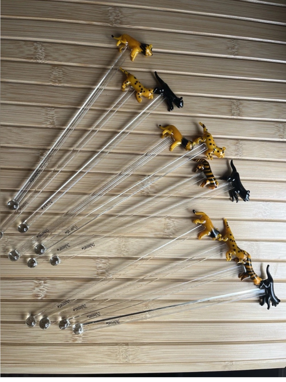 VTG blow glass Dubbonet Wild Cat-Topped Glass Stir Sticks - Yellow, Black